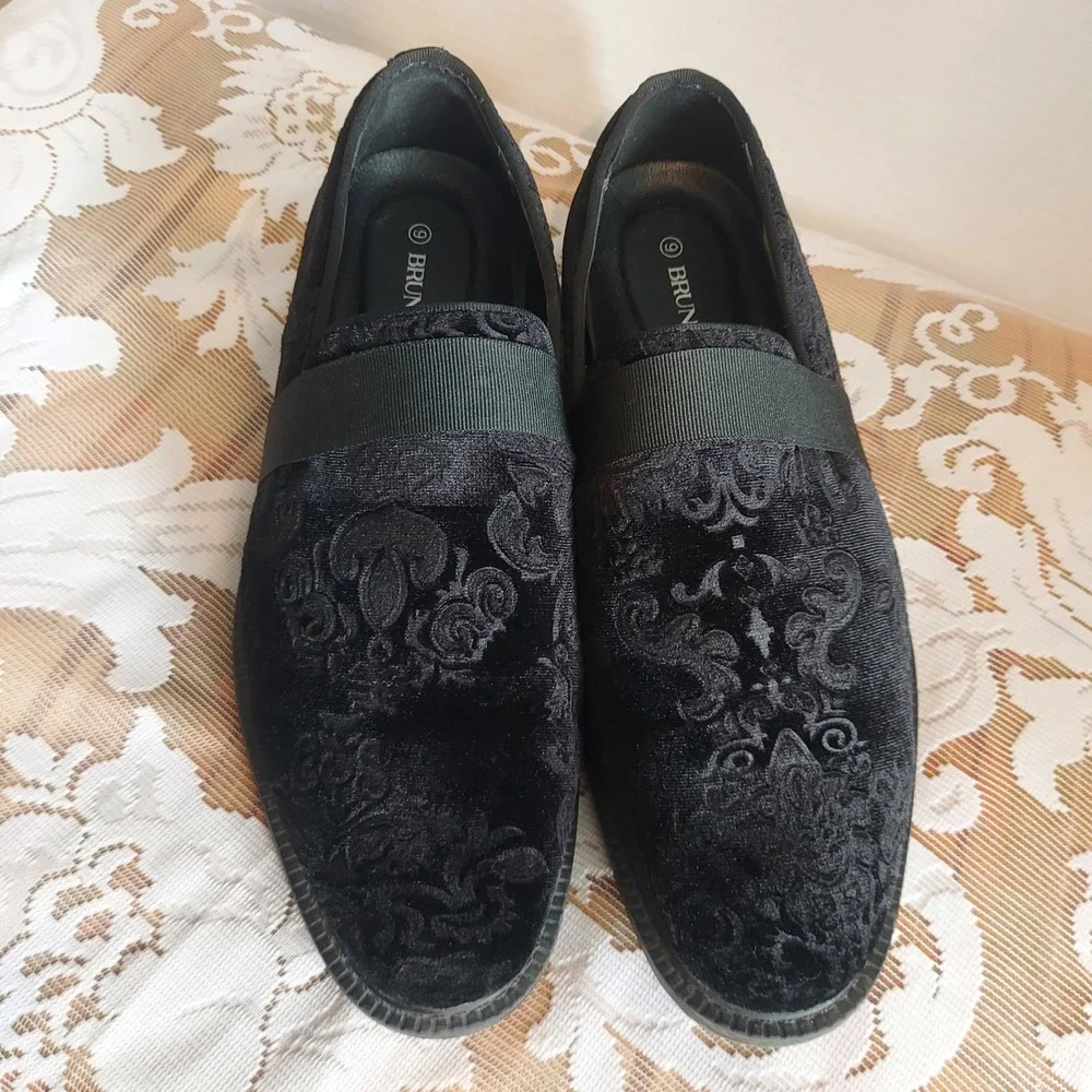 Bruno Marc Mens Black Velvet Paisley Embossed Loafers Slip On Dress Shoes 9